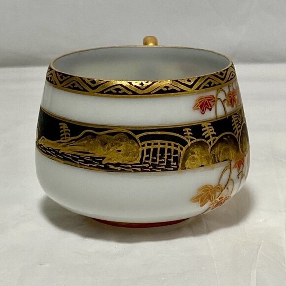 Japanese Lithophane Eggshell Fine Porcelain Red Gold Pagoda Geisha Girl (2) Cups - Picture 5 of 16